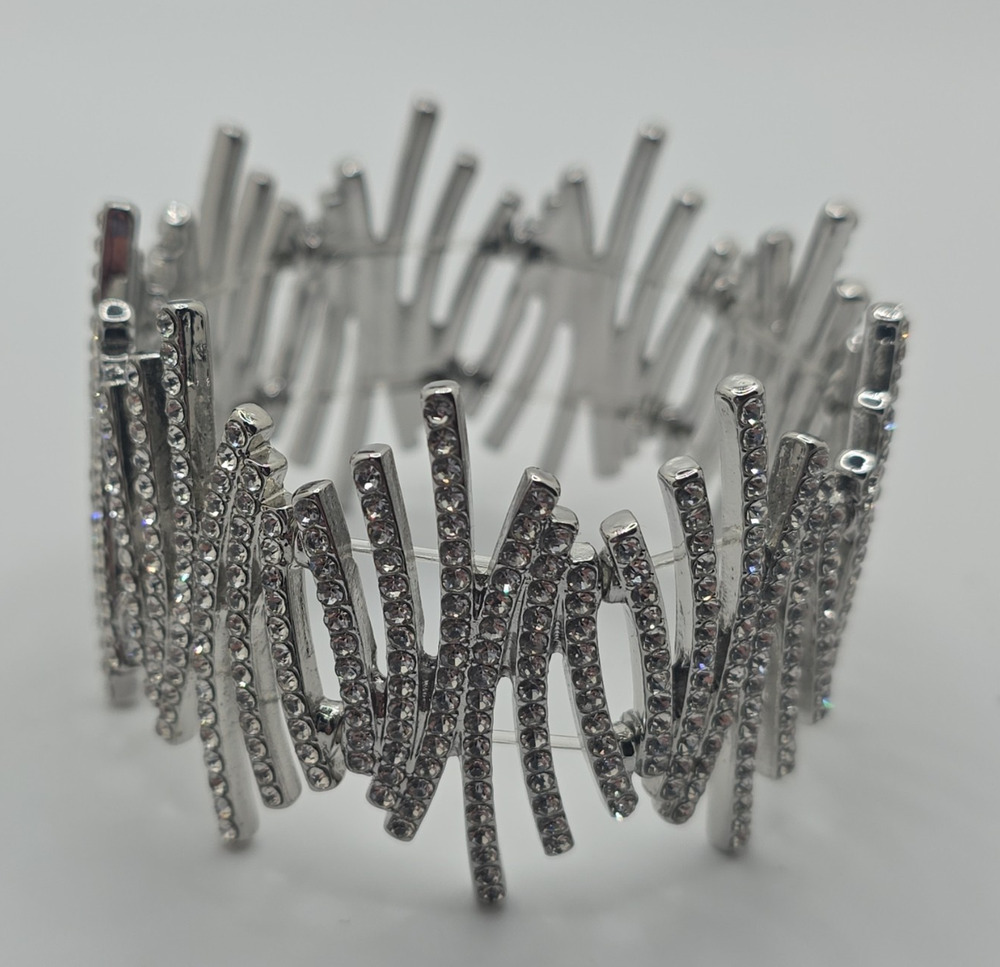 Silver Tone Pavé Round Clear Crystal Asymmetrical Cuff Bangle Bracelet Stack